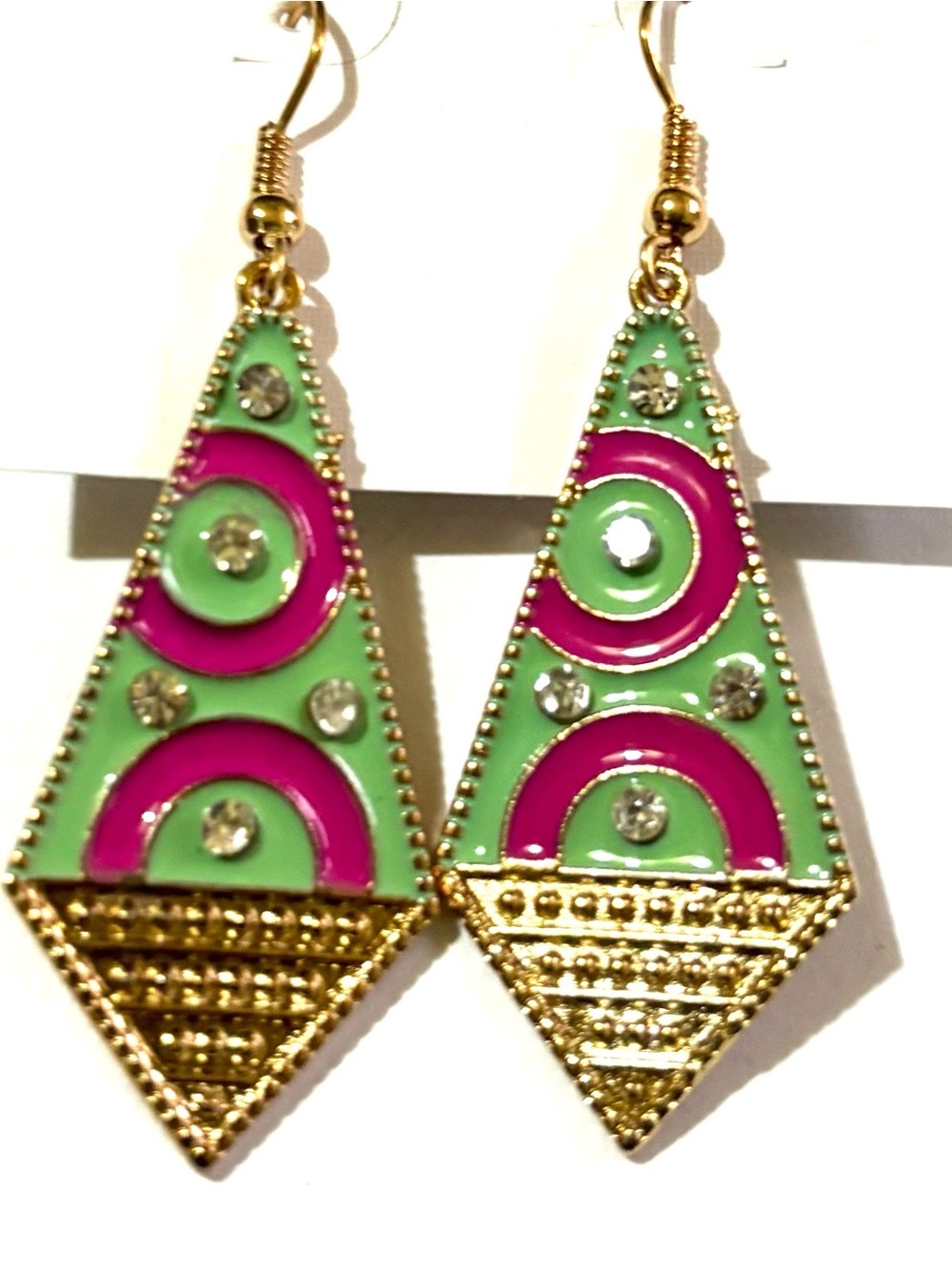 Gold-Tone Green & Pink Geometric Drop Earrings with Crystal Accents